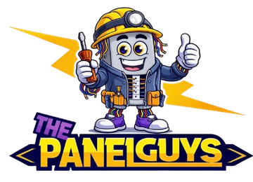 Animated electrical panel character in a hard hat holding a screwdriver, smiling with a thumbs up above "The Panel Guys."