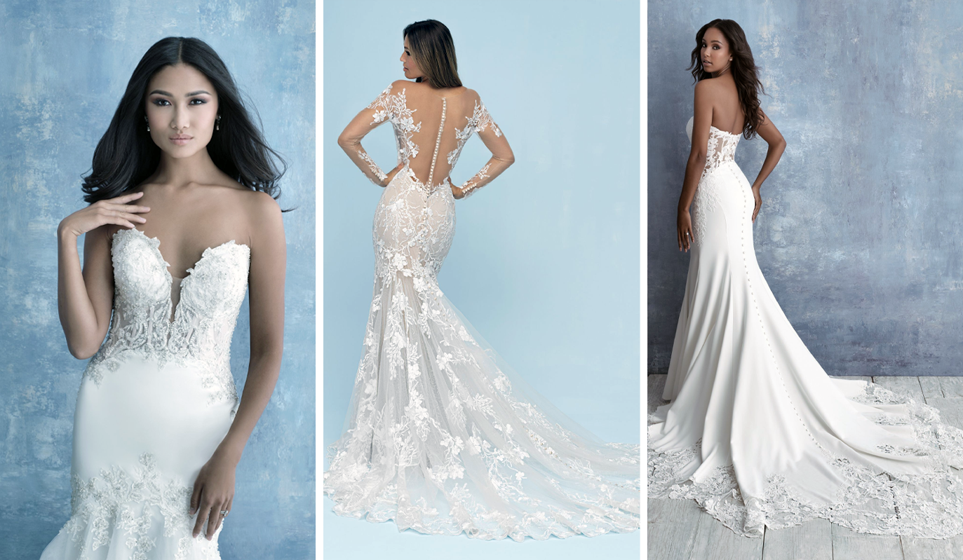 Three wedding dresses on models against a blue backdrop. 