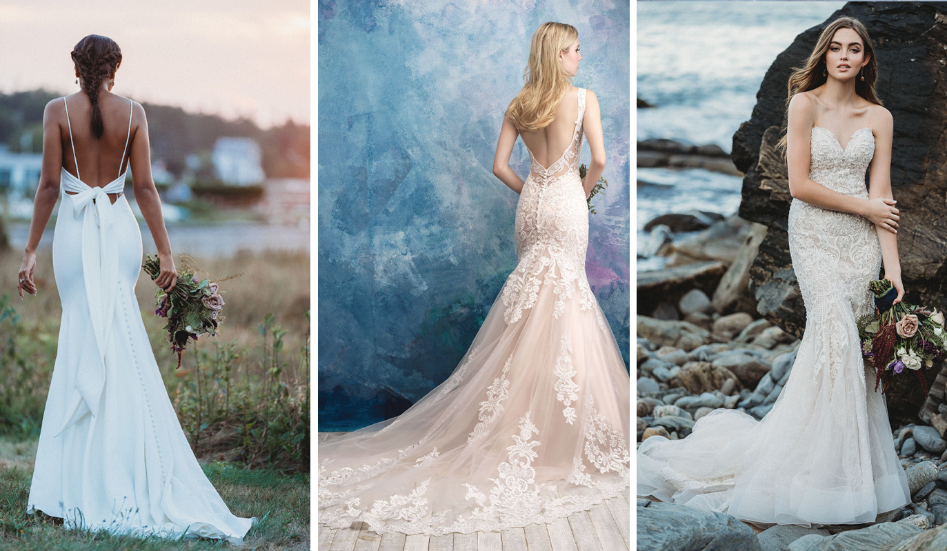 Three mermaid-style wedding dresses with open backs, long trains, and lace details.