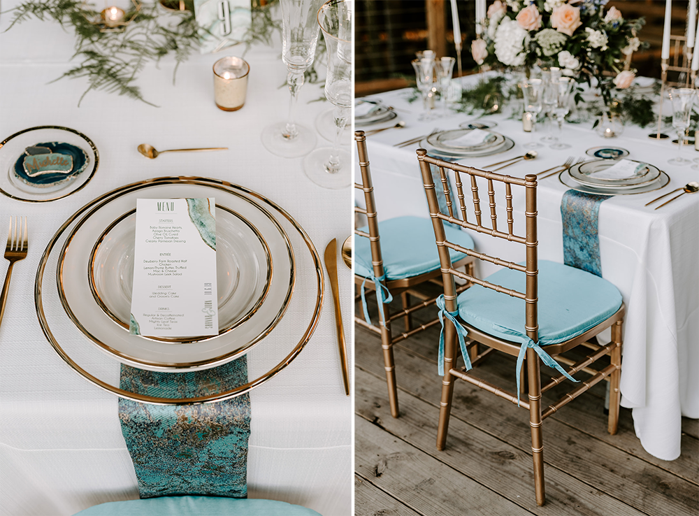 Elegant wedding table settings with gold accents and teal elements.