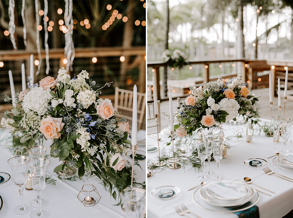 Two photos: Floral centerpieces on a white tablecloth, set for a formal outdoor event, soft lighting.