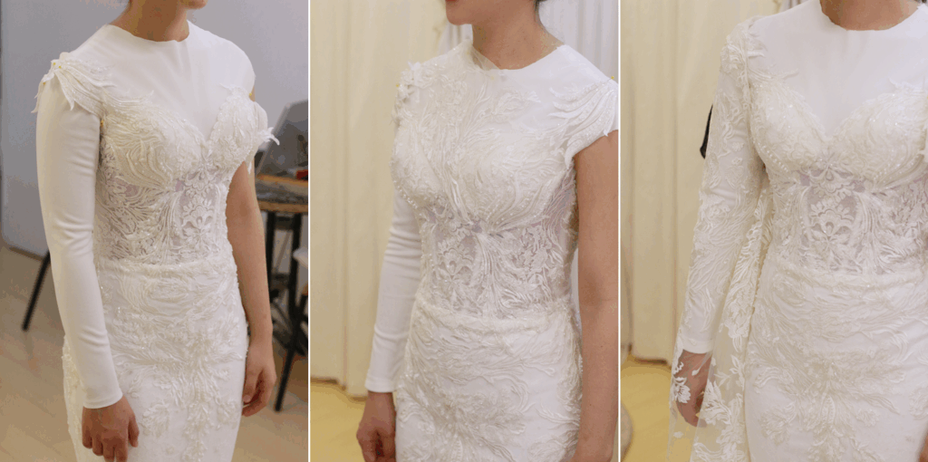 Woman in white lace dress with varying sleeve styles, posing in a well-lit studio.