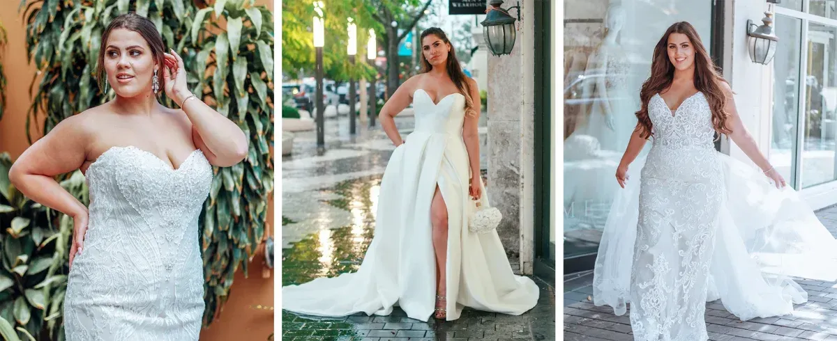 Three women in white wedding dresses, posed outdoors in different settings.