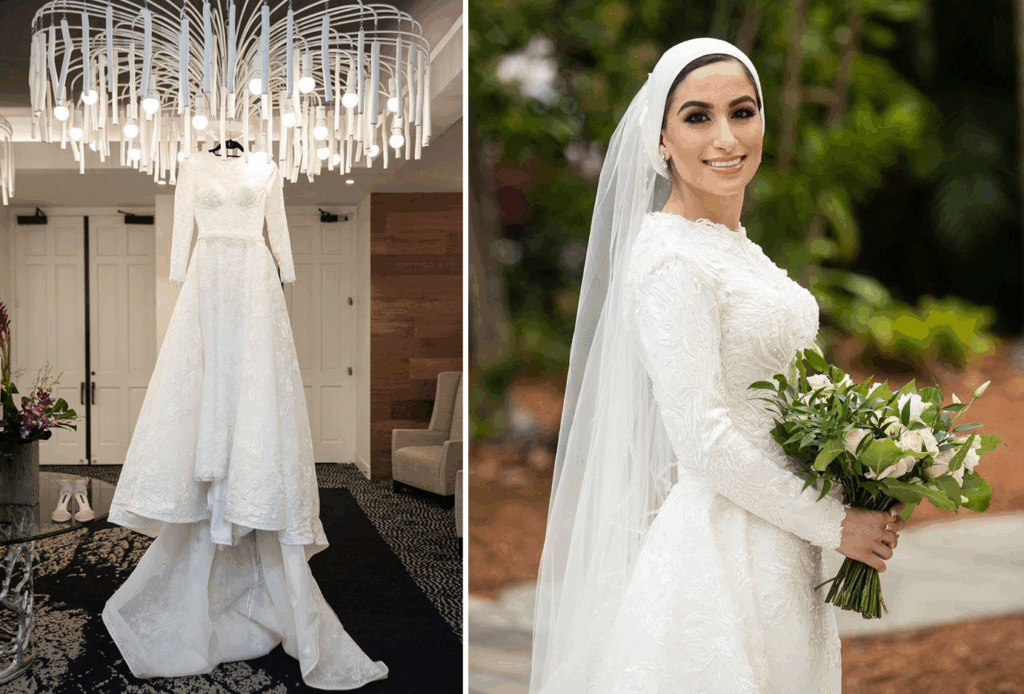 A bride in a white, long-sleeved wedding dress and veil holds a bouquet. The dress hangs on a mannequin.