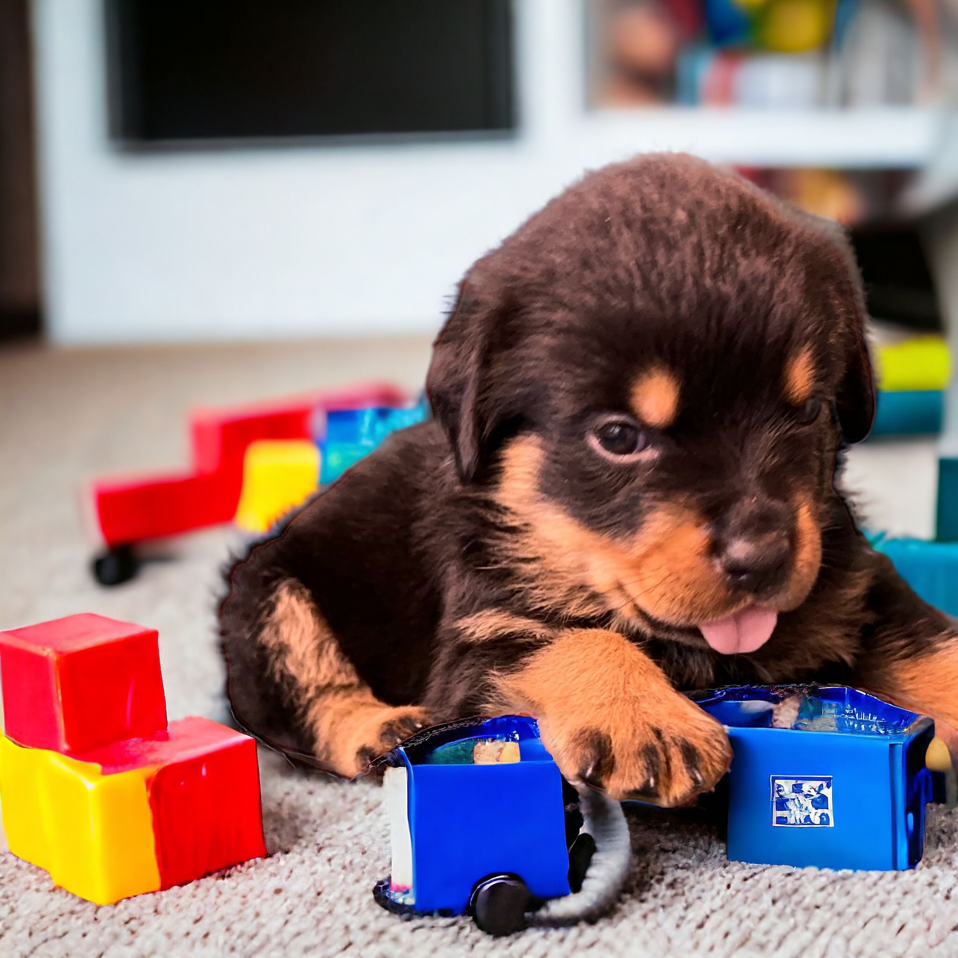 Rottweiler puppy with toy blocks
