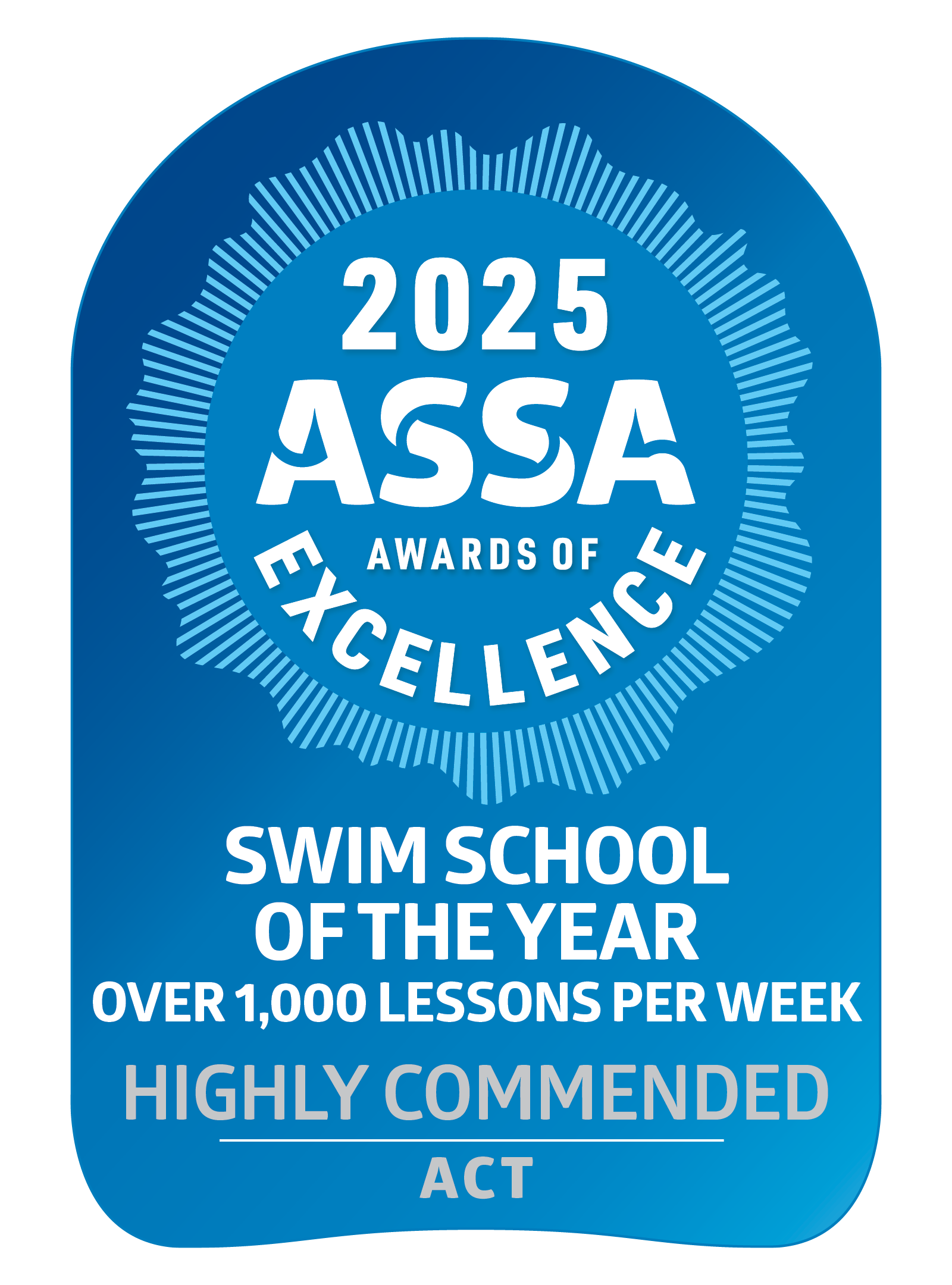 Blue award badge: "2025 ASSA Awards of Excellence" for "Swim School of the Year" in ACT, "Highly Commended", over 1,000 lessons per week.