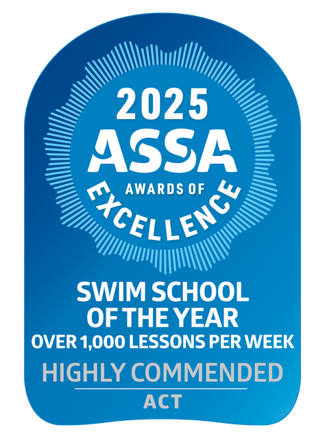 Blue award badge: "2025 ASSA Awards of Excellence" for "Swim School of the Year" in ACT, "Highly Commended", over 1,000 lessons per week.