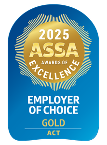 Gold award badge: 2025 ASSA Awards of Excellence for Employer of Choice, Gold, ACT, in a blue and gold design.