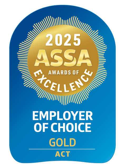 Gold award badge: 2025 ASSA Awards of Excellence for Employer of Choice, Gold, ACT, in a blue and gold design.