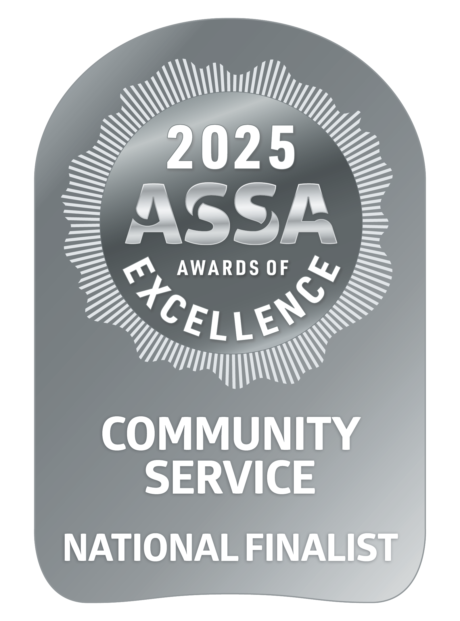 Silver ASSA Awards of Excellence badge: 2025 seal, "Community Service National Finalist" text.