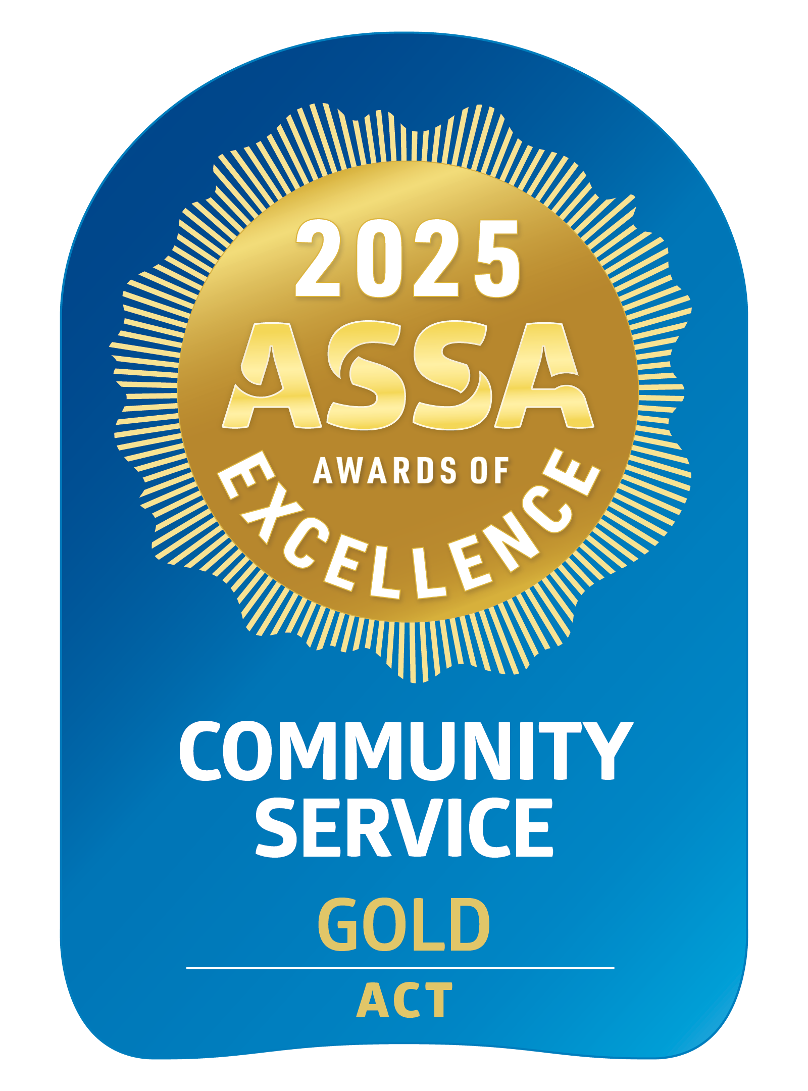 Gold award, 2025 ASSA Awards of Excellence. Blue and gold seal for Community Service in ACT.