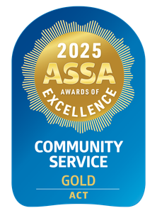 Gold award, 2025 ASSA Awards of Excellence. Blue and gold seal for Community Service in ACT.