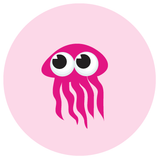Pink cartoon jellyfish with large eyes in a light pink circle.