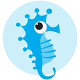 Blue cartoon seahorse with large eye in a light blue circle.