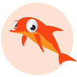Orange cartoon dolphin with large eyes, on a pink circle background.