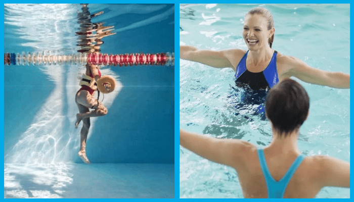 Split image comparing deep-water aqua aerobics with flotation belt and a waist-deep class led by an instructor.
