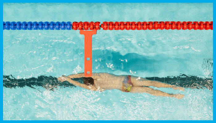 Overhead view of a swimmer doing freestyle laps in a pool lane.