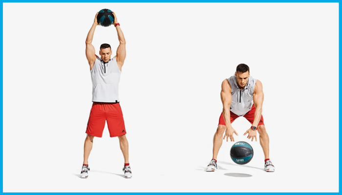 Man performing medicine ball slams to develop full-body explosive power for swimming starts and turns.