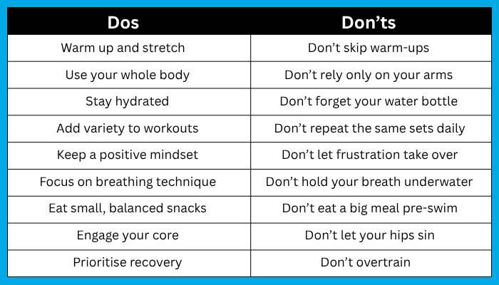 Table of the most The Most Important Dos and Don’ts of Comp Swimming
