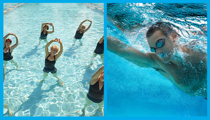 Comparison of water aerobics group class and man swimming laps, showing differences in calorie burn and fitness benefits