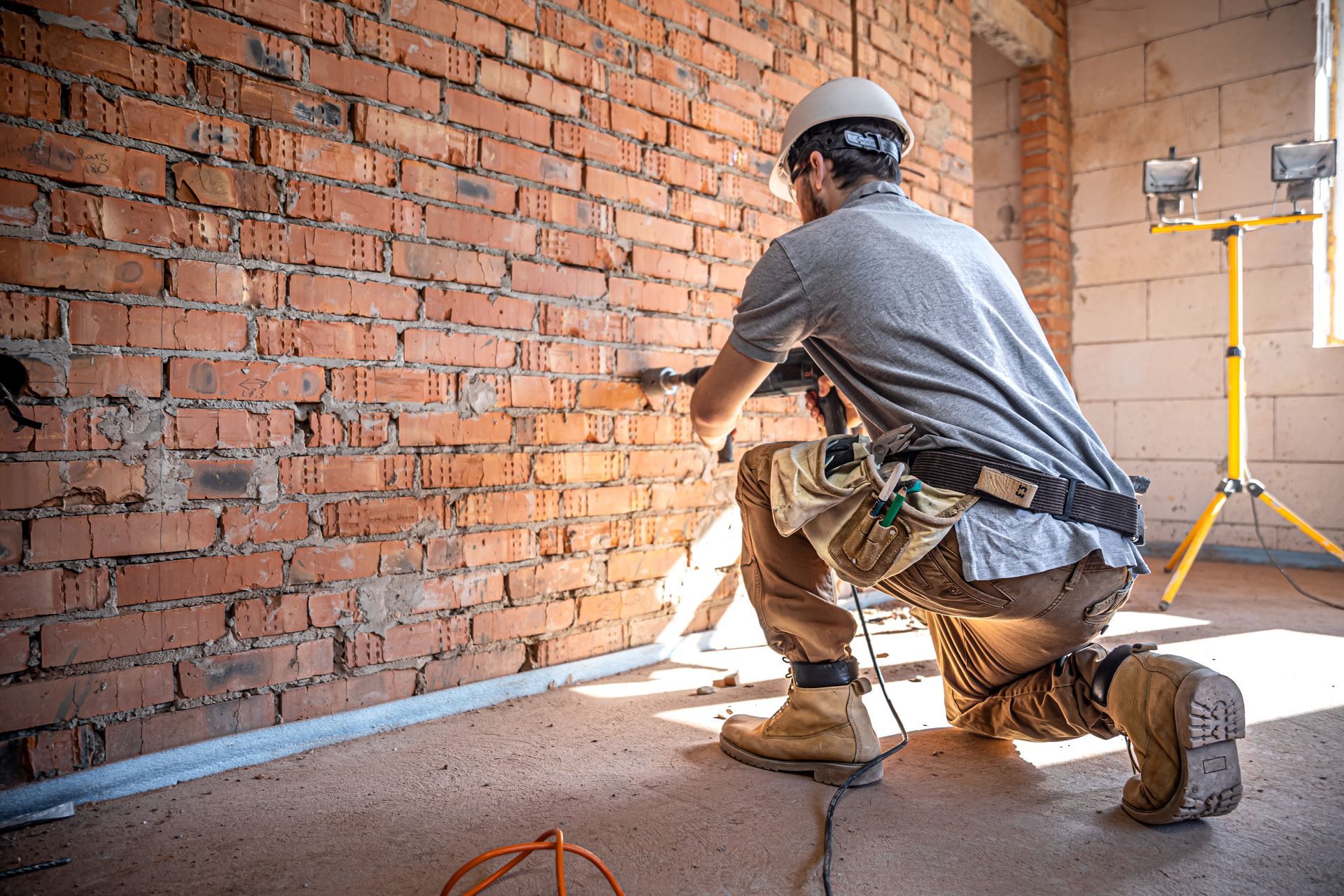 A man is kneeling down in front of a brick wall.
