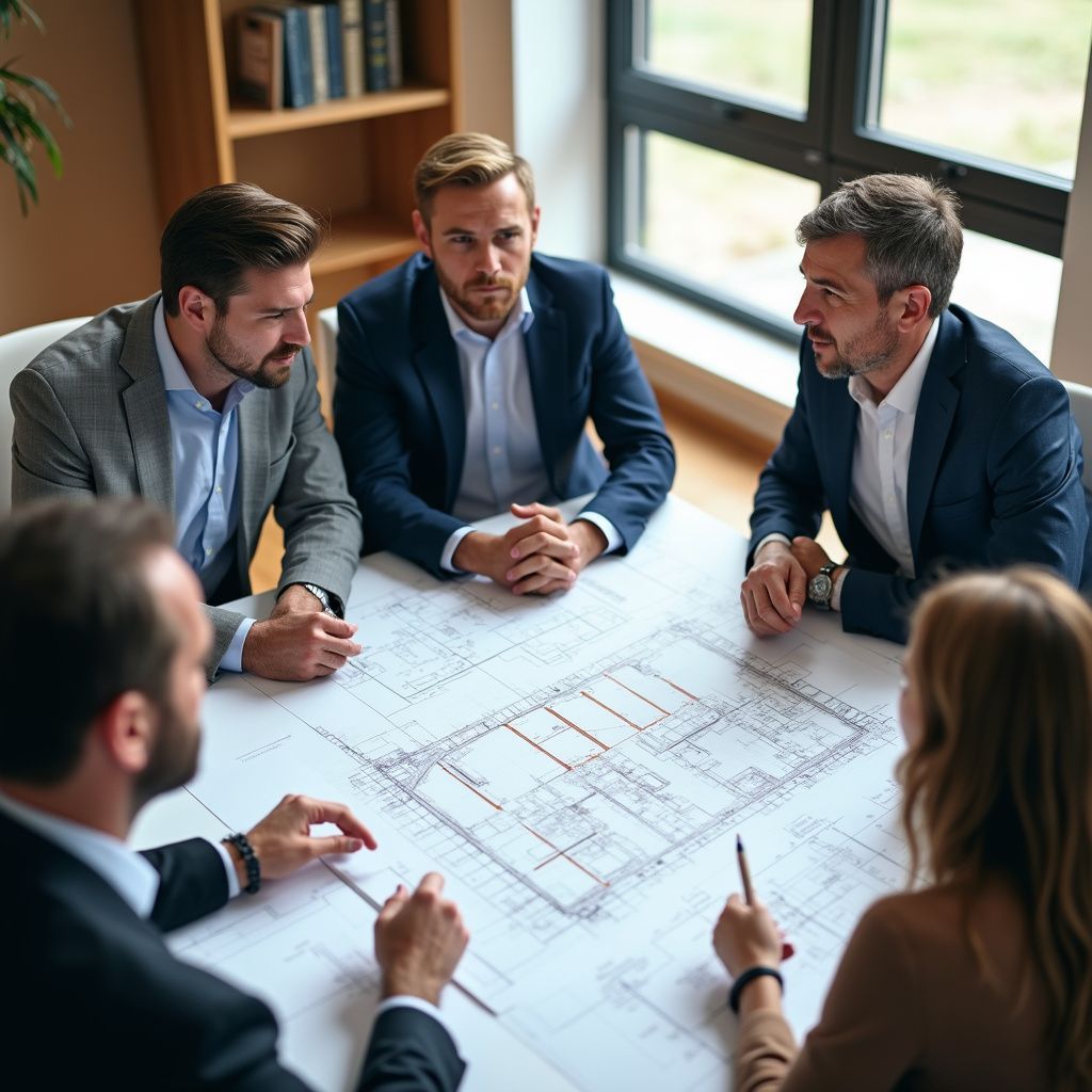 Business team discussing blueprints at a table in an office setting.
