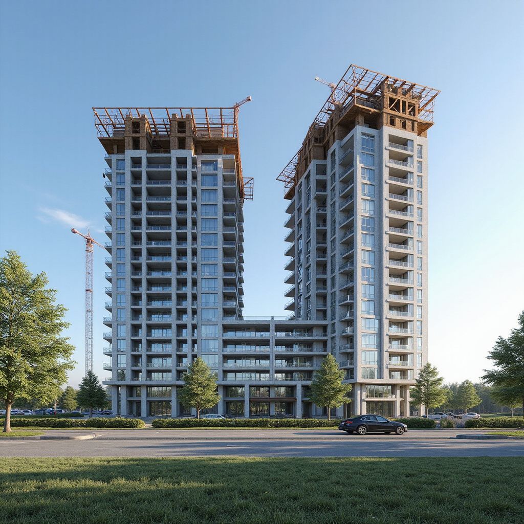 Two high-rise apartment buildings under construction, with cranes, surrounded by trees and a road, under a blue sky.
