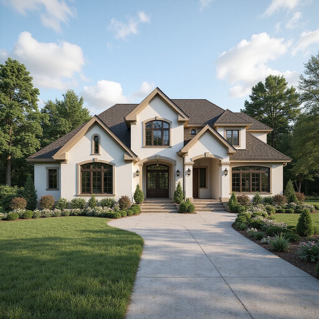 Two-story beige house with dark brown trim, gray roof, and landscaped yard. Concrete driveway leads to the front door.