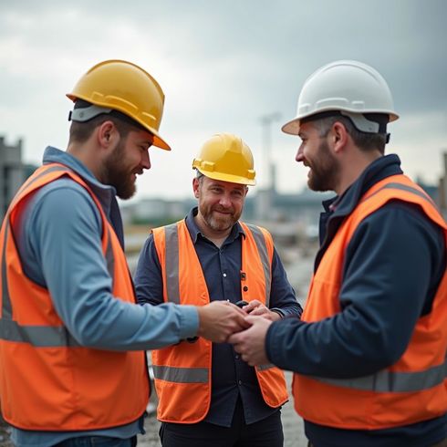 Three construction workers in hard hats and vests, one holding a small object.