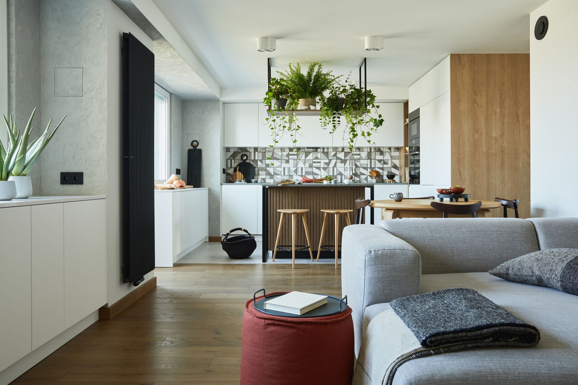 A living room with a couch , table , and plants hanging from the ceiling.