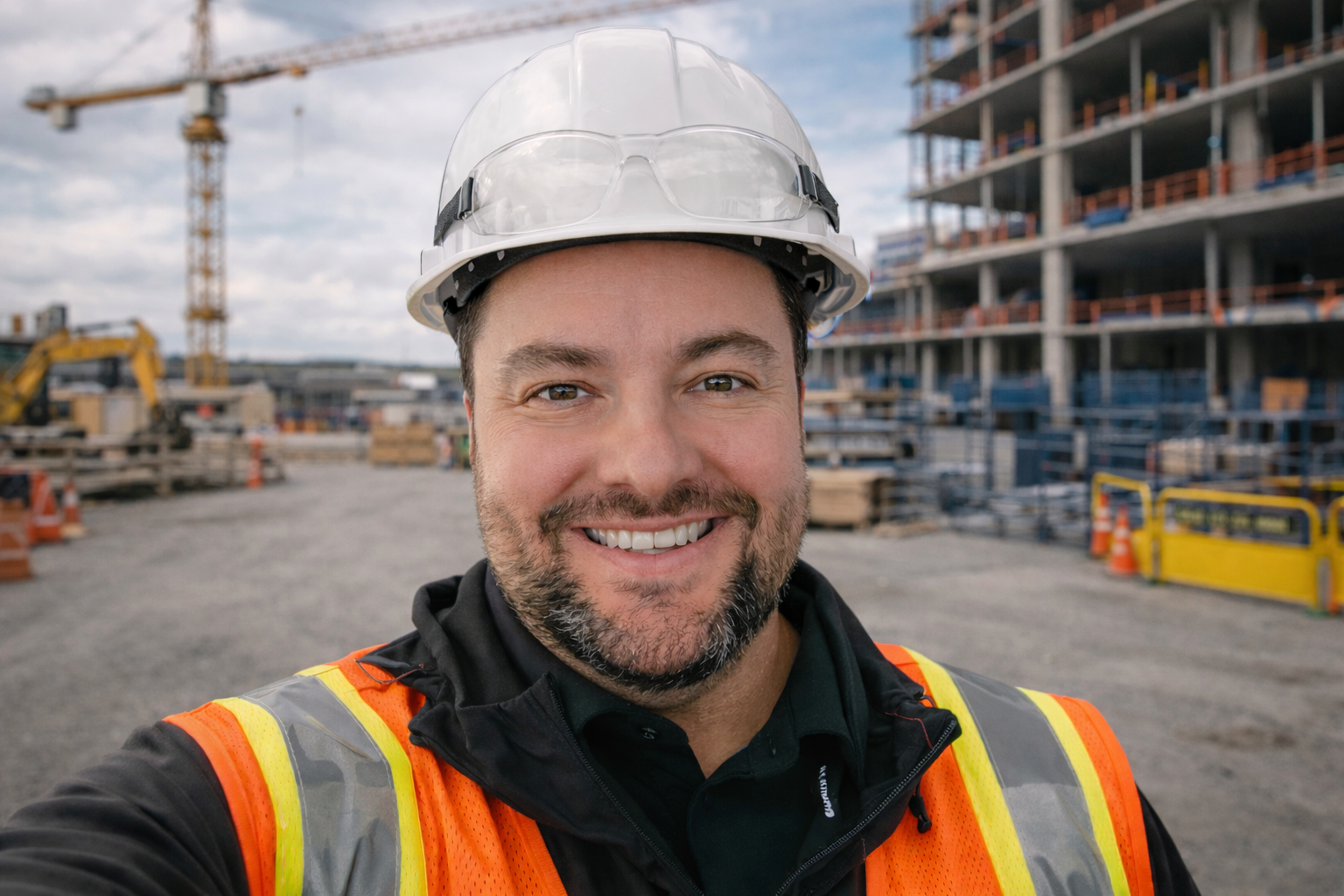 Construction worker in a yellow hard hat and vest smiles in front of a building.