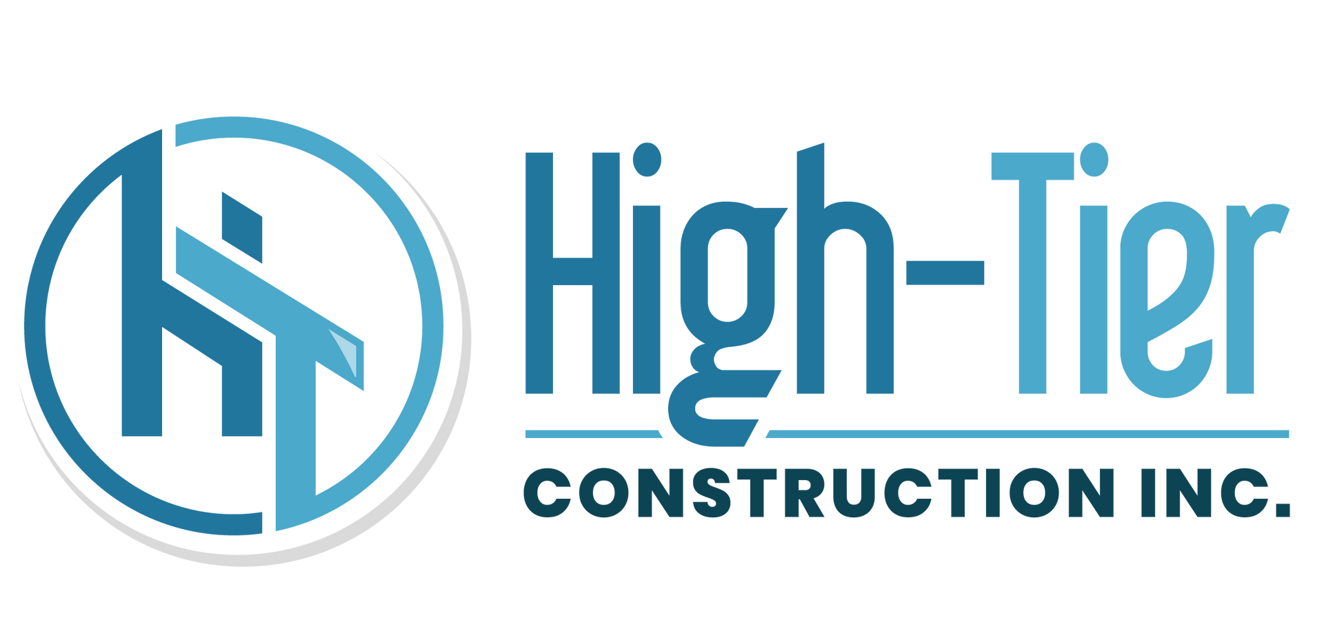 The logo for high-tier construction inc. is blue and white.