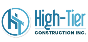 The logo for high-tier construction inc. is blue and white.