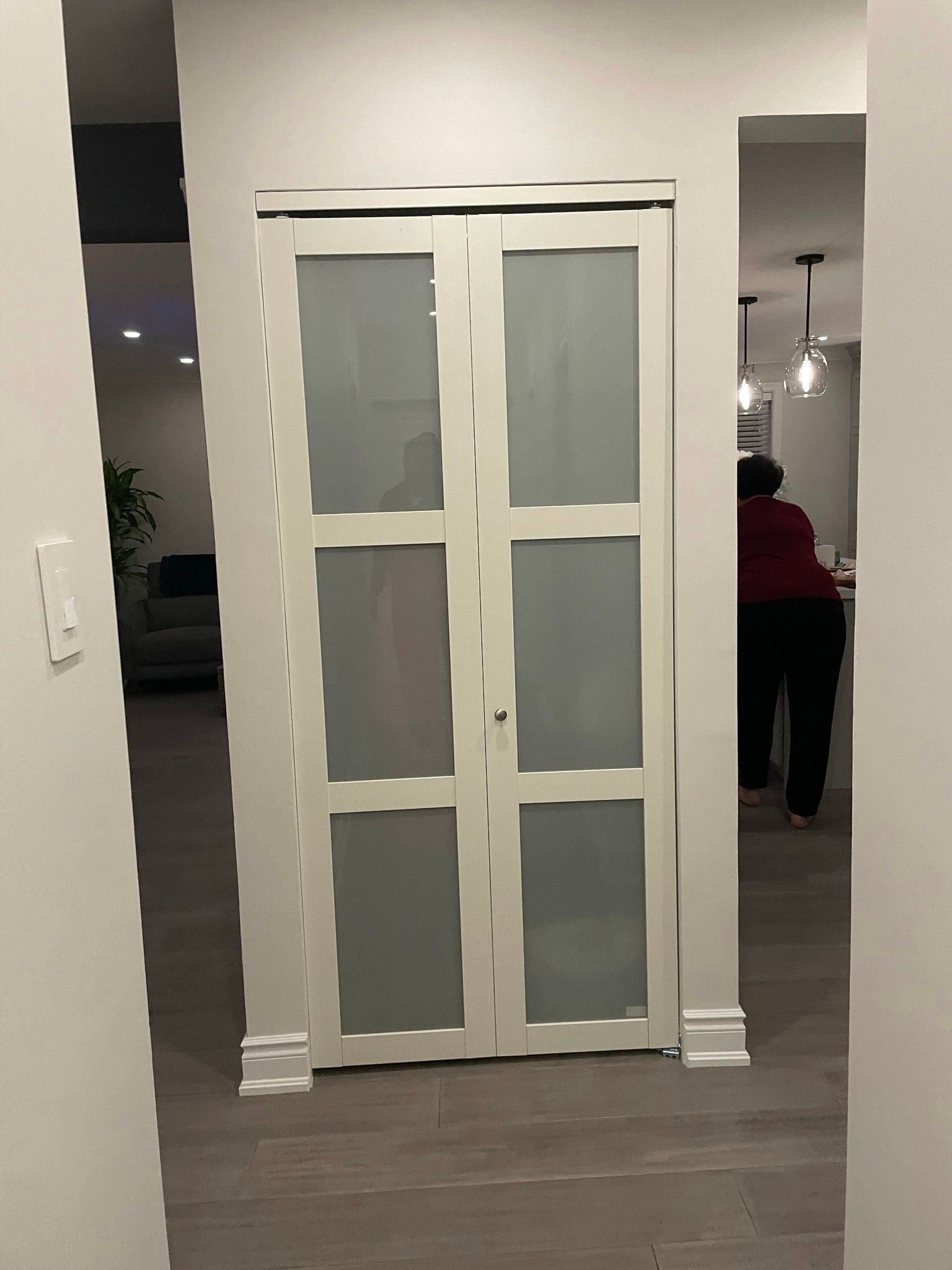 A white door with frosted glass is in a hallway.