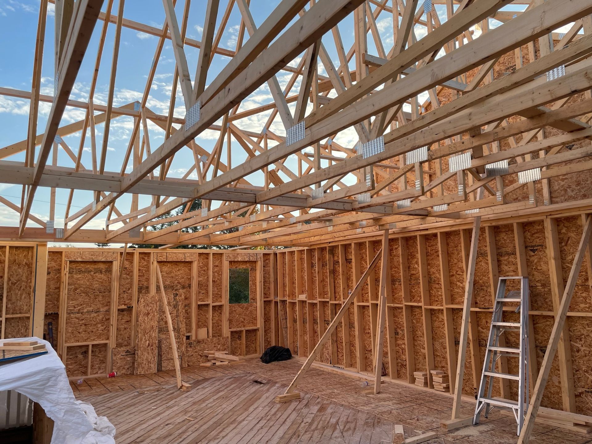 A ladder is sitting in the middle of a wooden structure under construction.