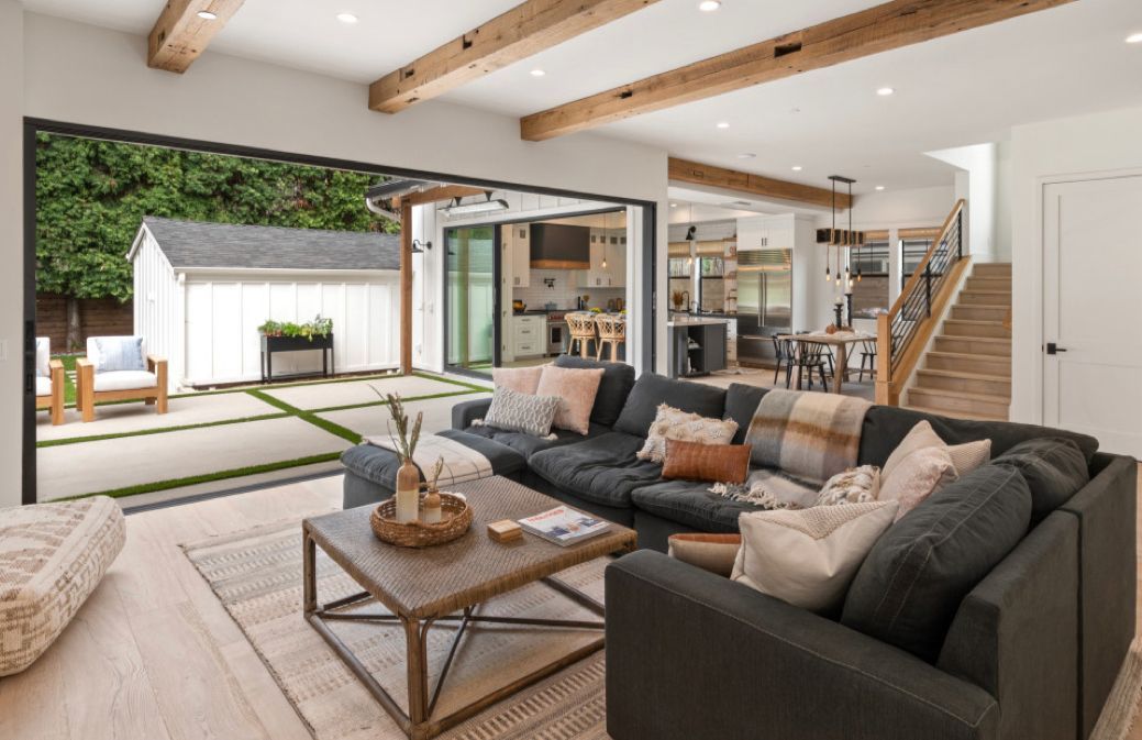 A living room with a couch and a coffee table