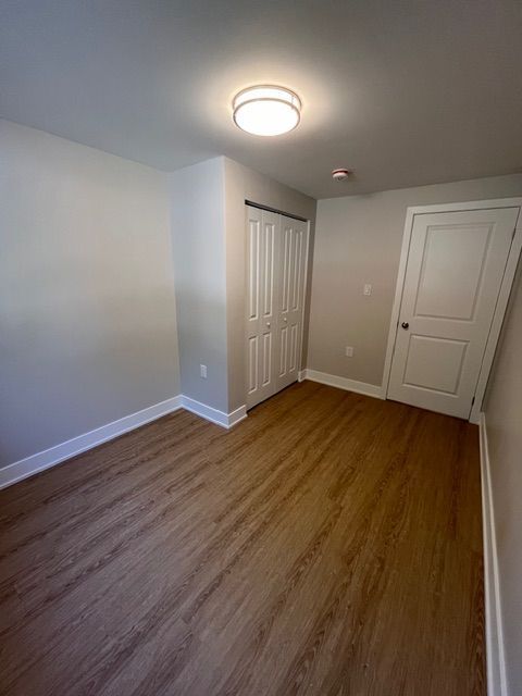 Empty room with wood-look flooring, white walls, closet, and a closed door.