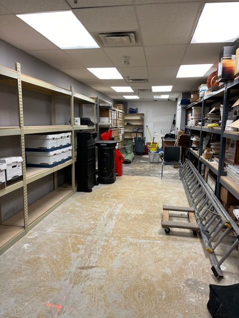 Empty storage room with metal shelving, various items, and a ladder.