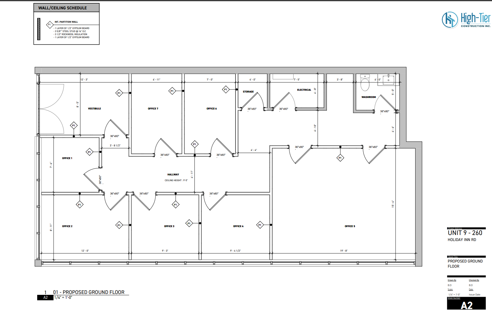 Floor plan of an office layout with multiple rooms, doors, and furniture symbols, with a title block and scale.