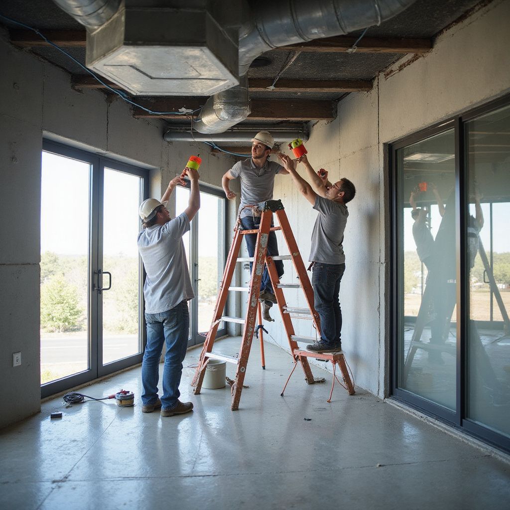 Three workers installing lighting in an unfinished room. One on a ladder, two on the ground, all reaching up.