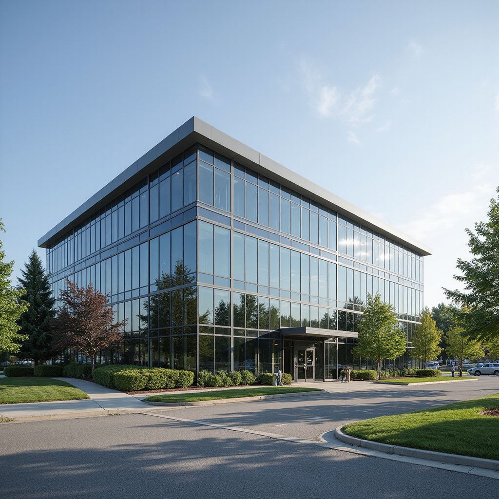 Modern three-story glass building with dark trim. Trees and bushes in front, blue sky.
