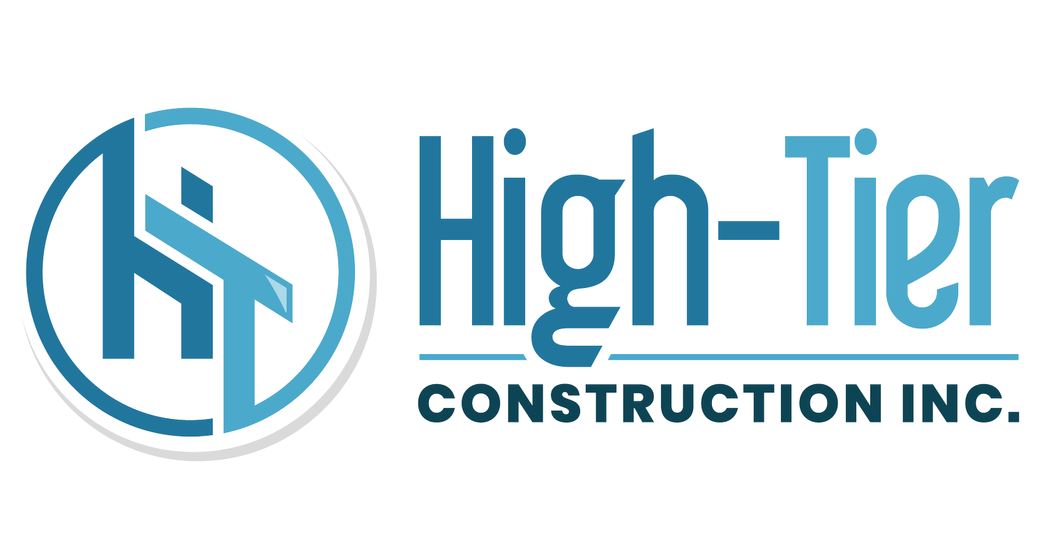 The logo for high-tier construction inc. is blue and white.