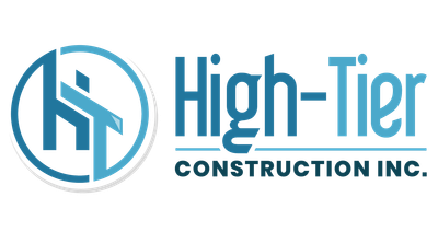 The logo for high-tier construction inc. is blue and white.