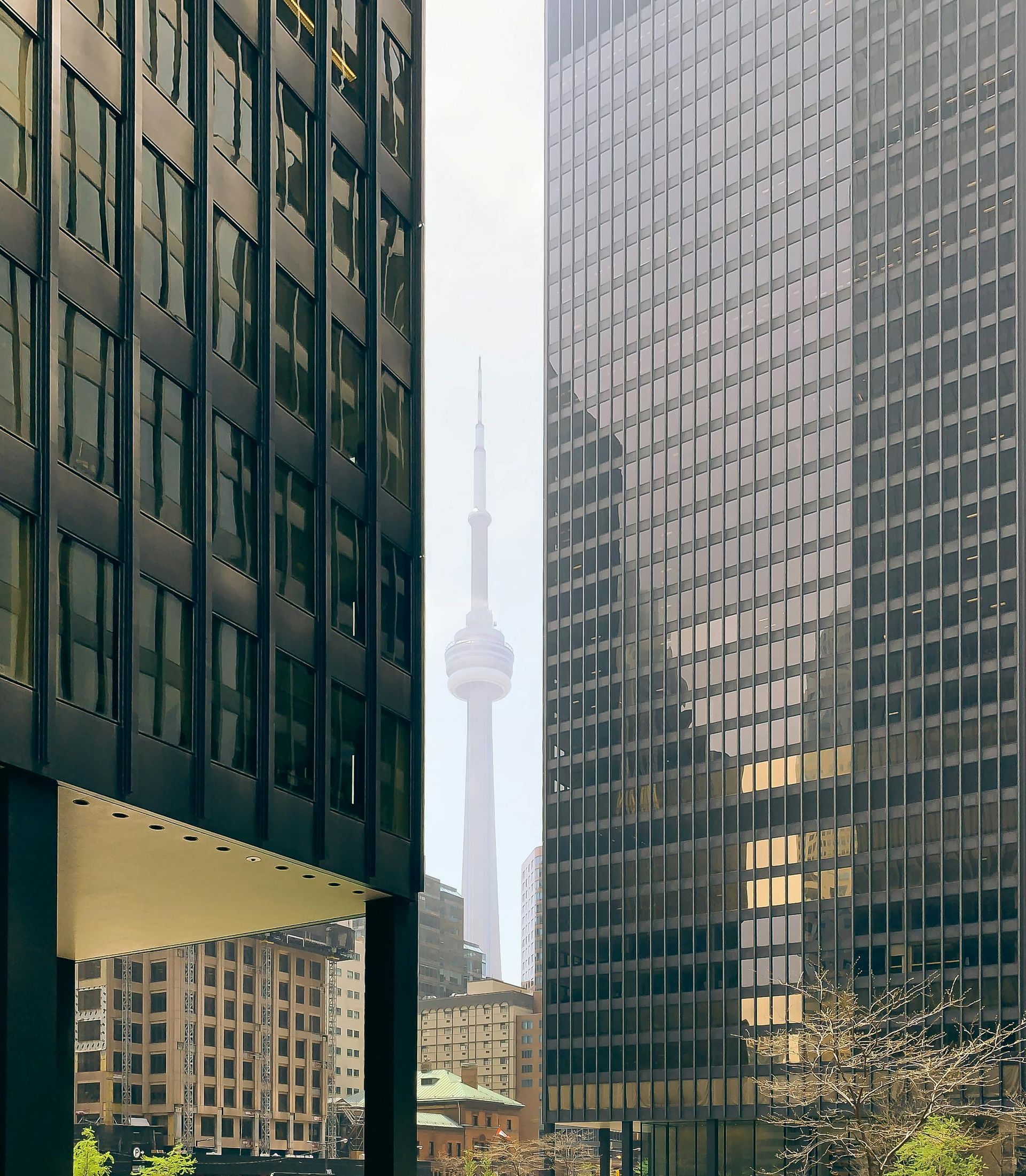 CN Tower framed between tall buildings in Toronto.