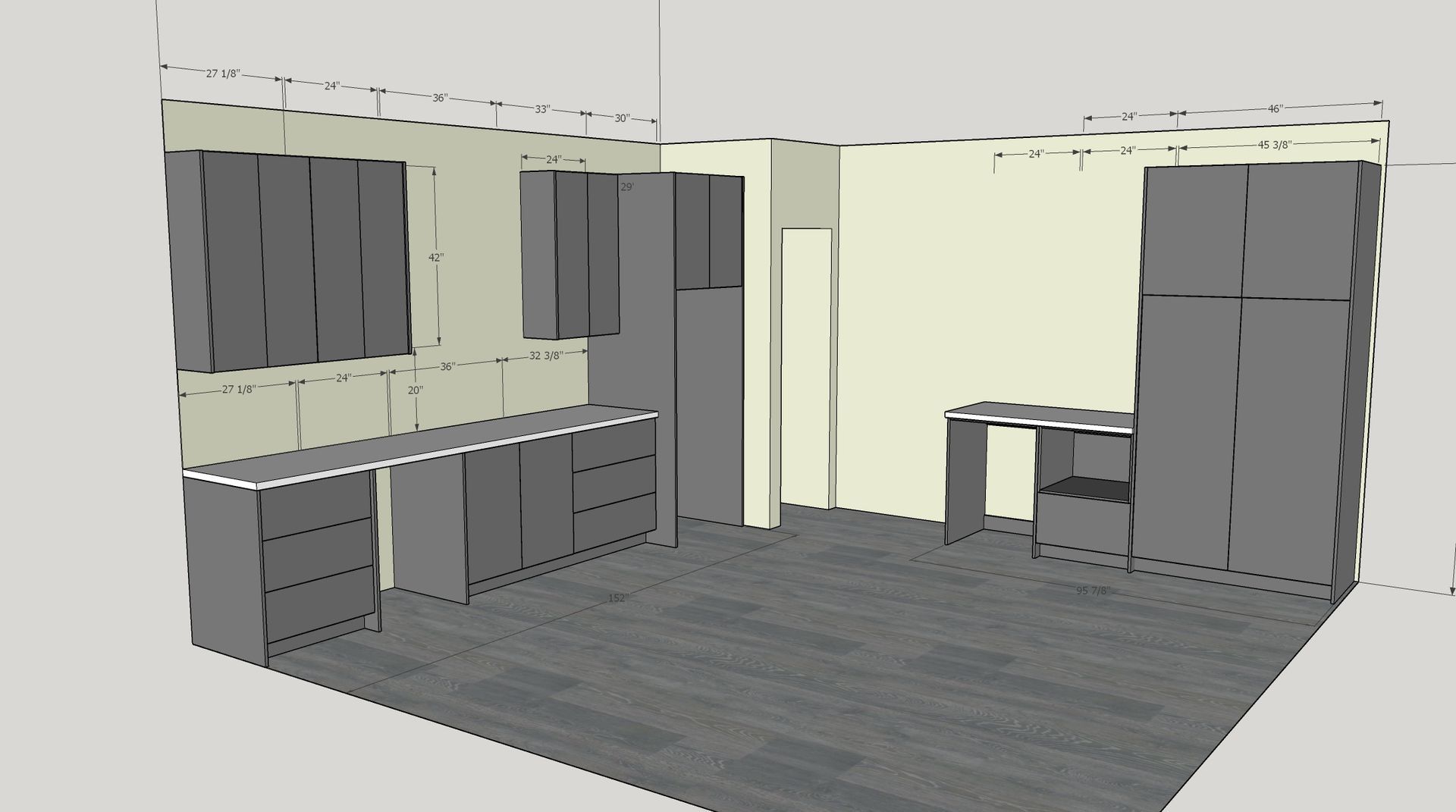 3D rendering of a modern kitchen with gray cabinets, white walls, and a gray floor.