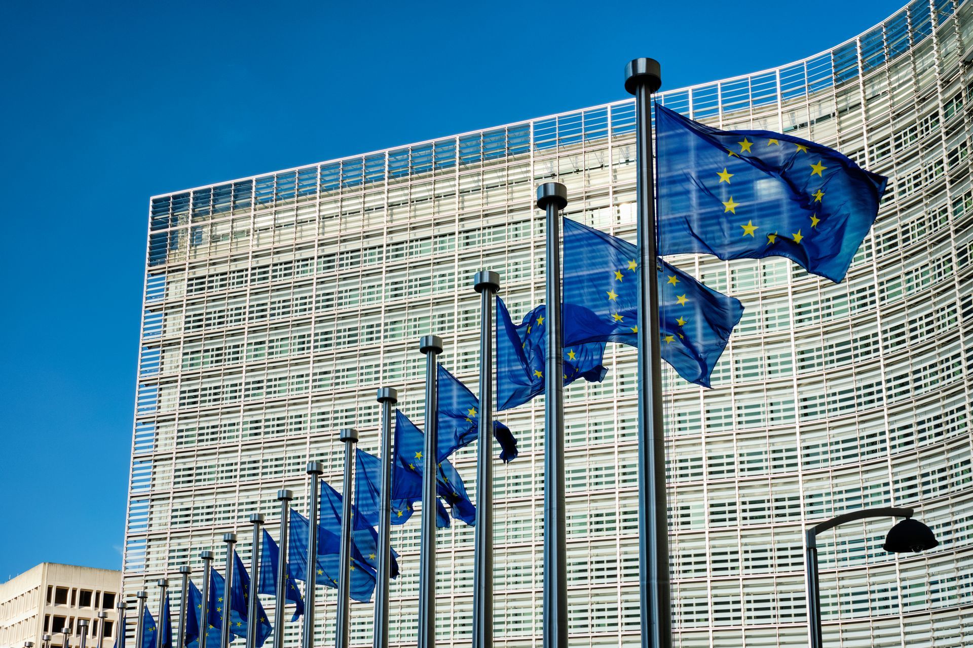European Union flags wave in front of a modern, glass-walled building in bright sunlight.
