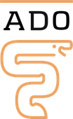 ADO logo featuring black text on orange background and a stylized snake in orange.
