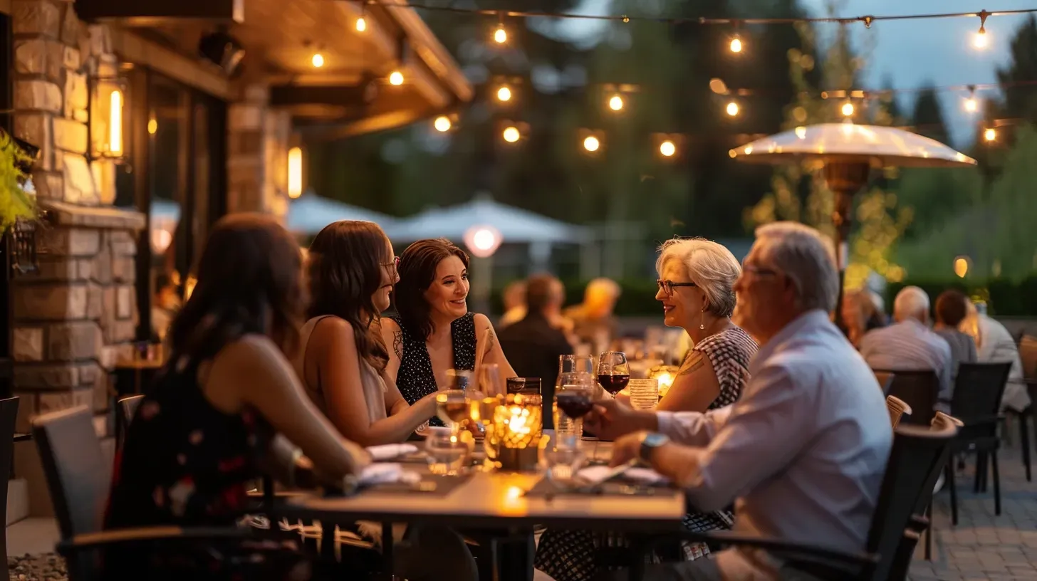 This bistro lighting in Surrey BC is on a dimmer switch for ultimate mood control on a Cloverdale patio. Our string light installations include custom controls. Keywords: dimmer switch, mood control, adjustable lighting.