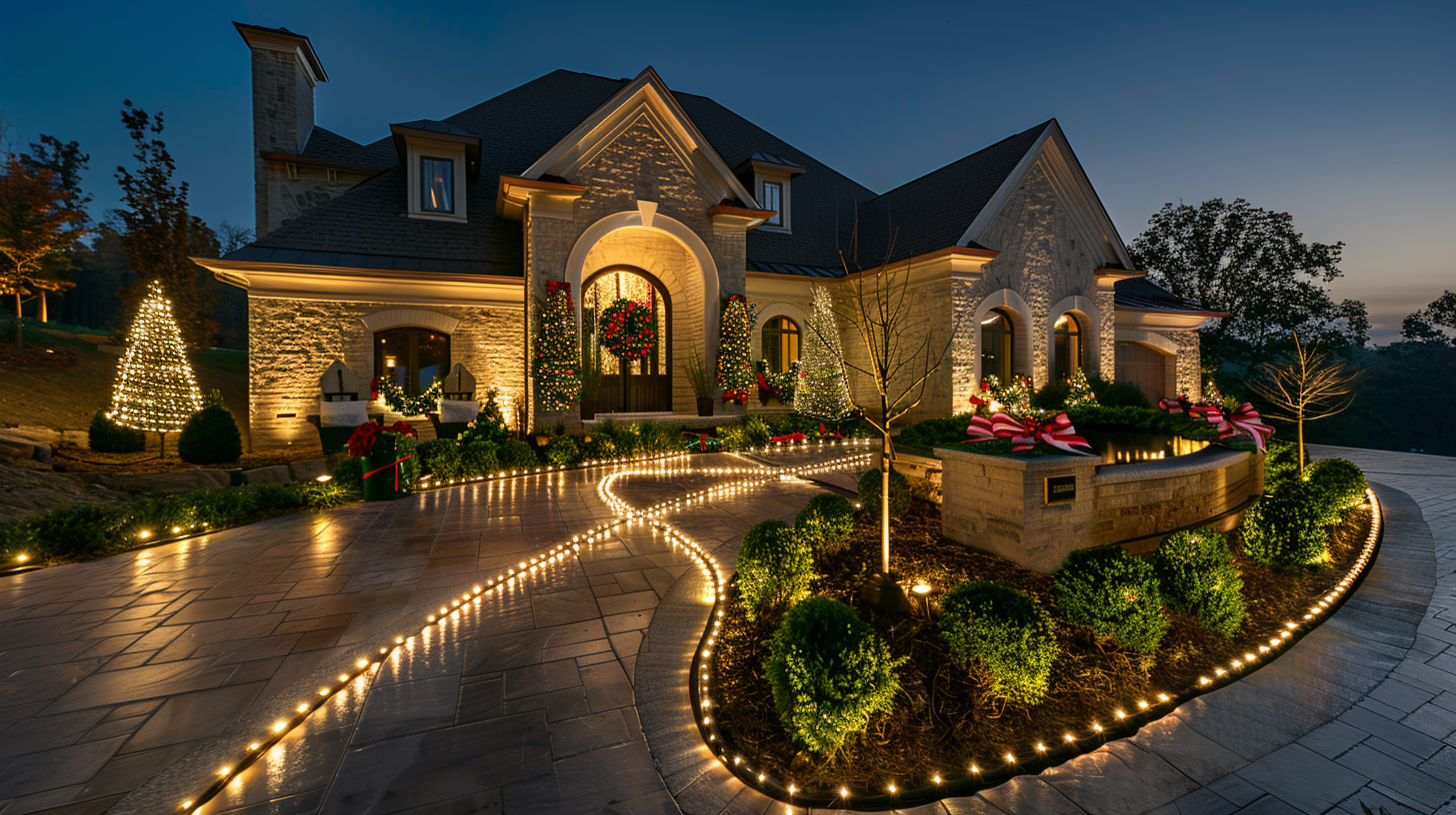 Commercial Christmas light installers Surrey with roofline outlines, shrub decorations, and festive displays.