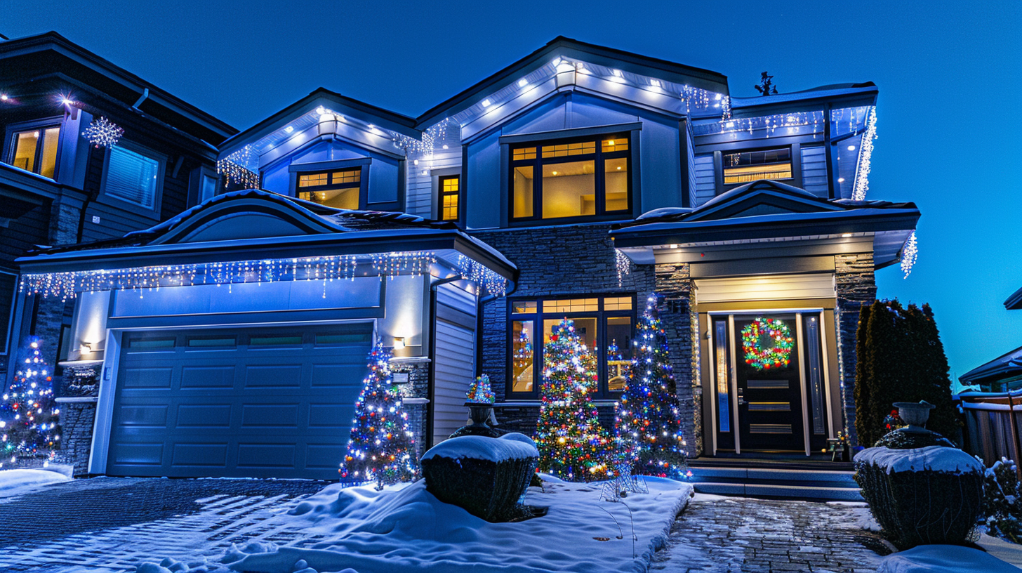 Professional Surrey Christmas light installation with roofline outlines, shrub decorations, and patio setups.